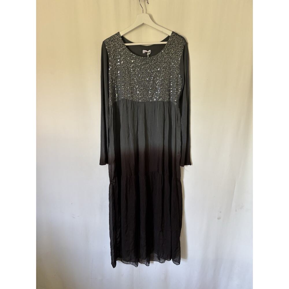 Scandal Womens Dress Medium Italy Silk Blend Long Sleeve Aline Maxi Long Gray